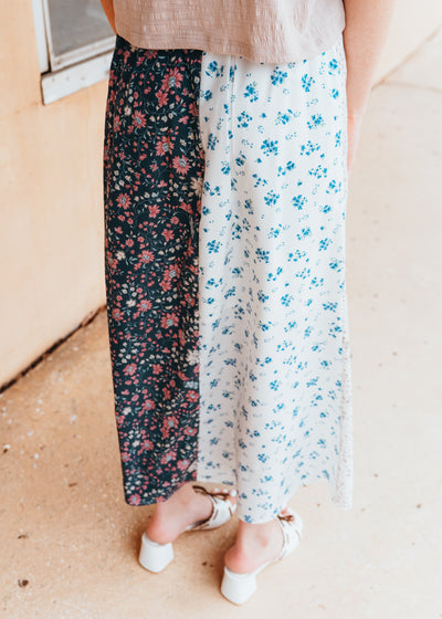 Blue/Cream Multi-Floral Midi Skirt WL25-10020