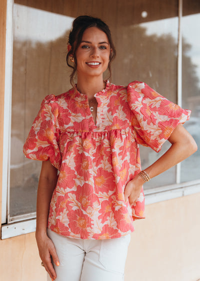 Pink Coral Floral Satin Weave Babydoll Top IT17976