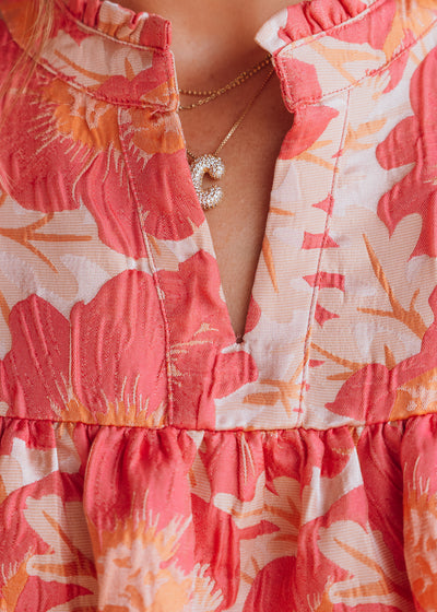 Pink Coral Floral Satin Weave Babydoll Top IT17976