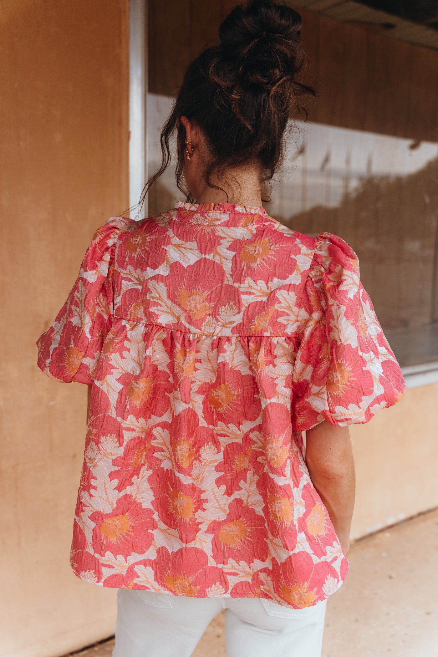 Pink Coral Floral Satin Weave Babydoll Top IT17976
