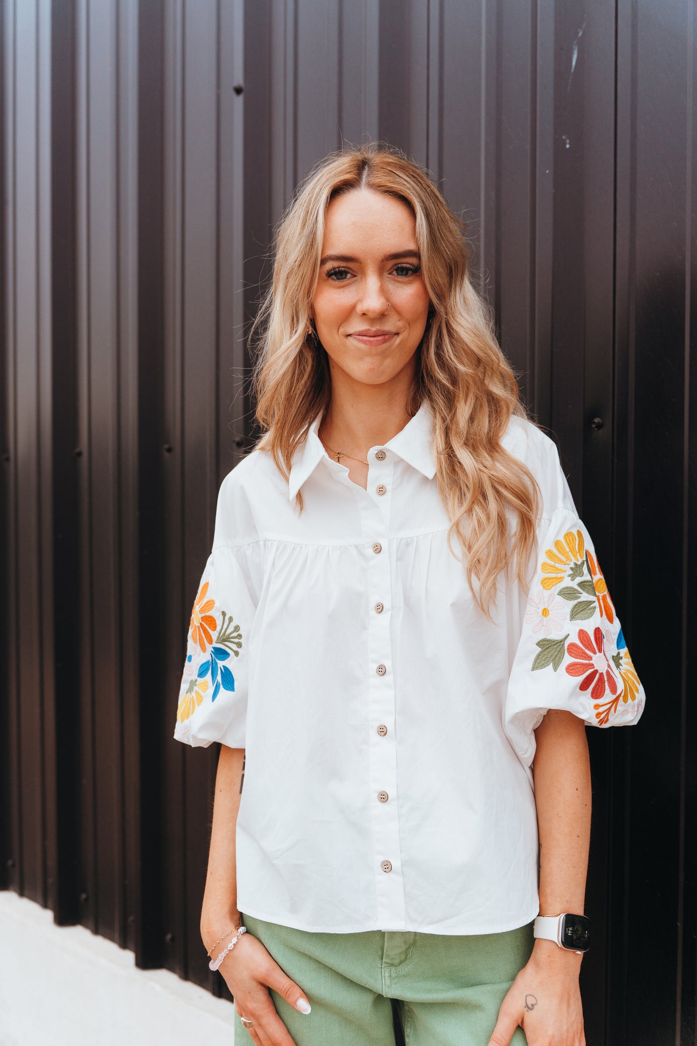 White Embroidered Balloon Sleeve Top IT17672
