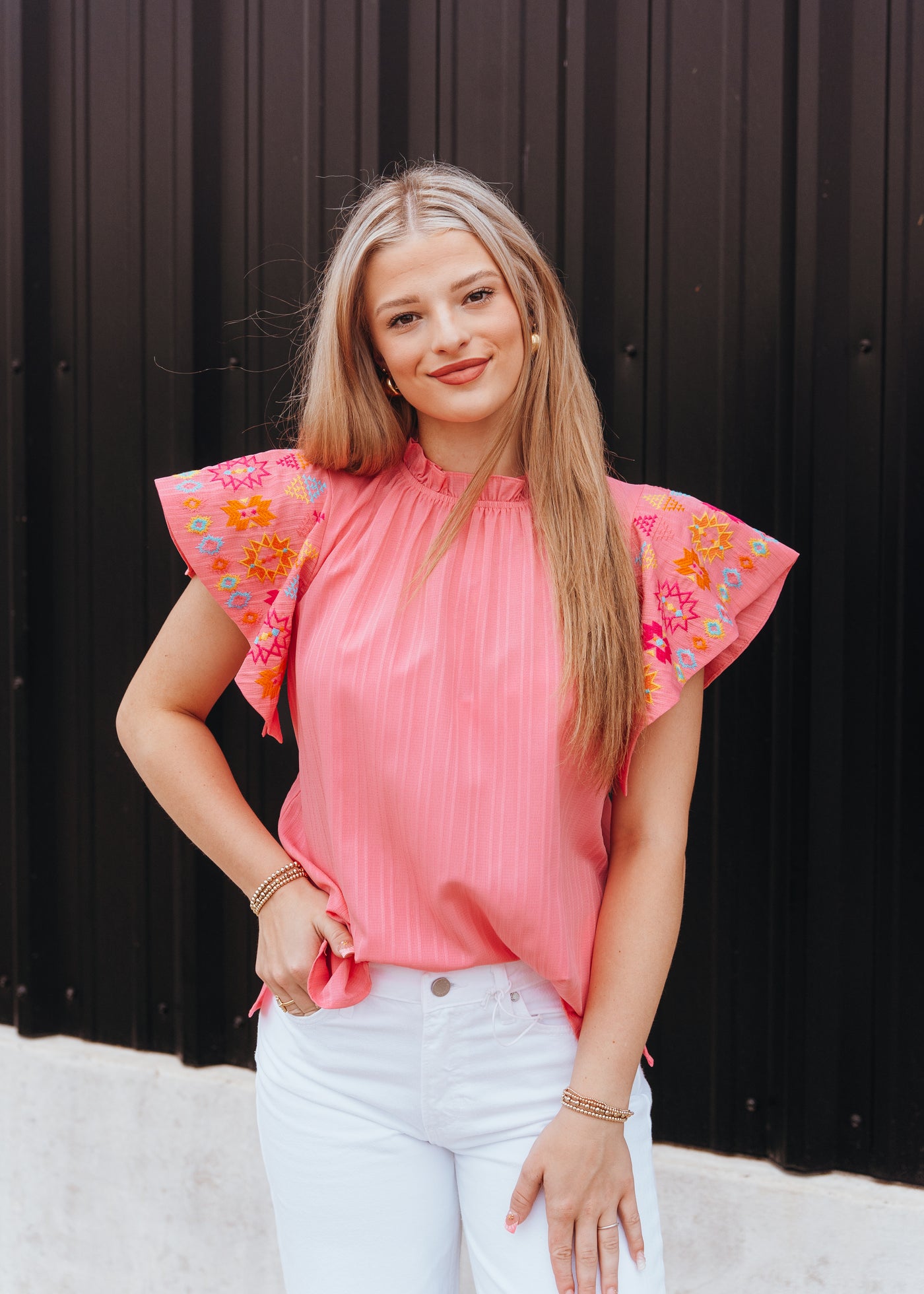 Pink Embroidered Flutter Sleeve Top IT17786