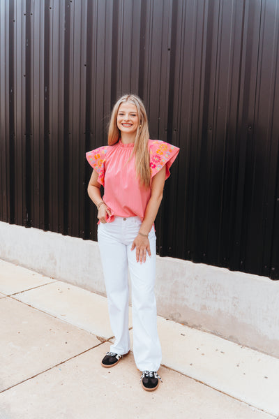 Pink Embroidered Flutter Sleeve Top IT17786
