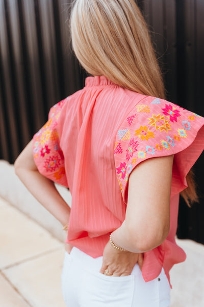Pink Embroidered Flutter Sleeve Top IT17786