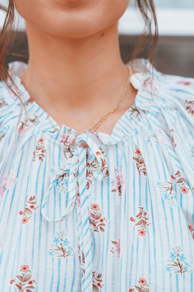 Blue Stripe Garden Party Short Sleeve Blouse IT18047