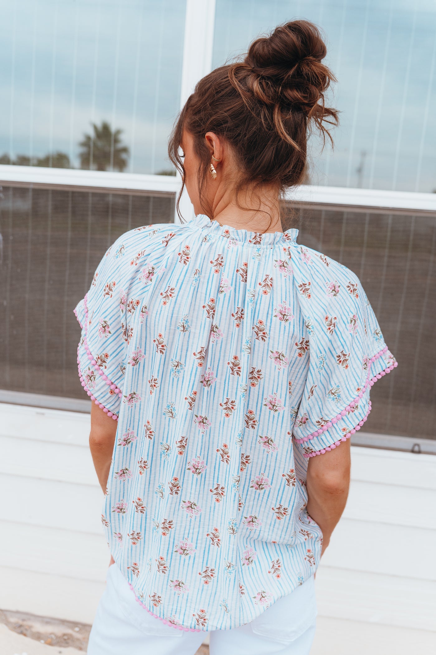 Blue Stripe Garden Party Short Sleeve Blouse IT18047