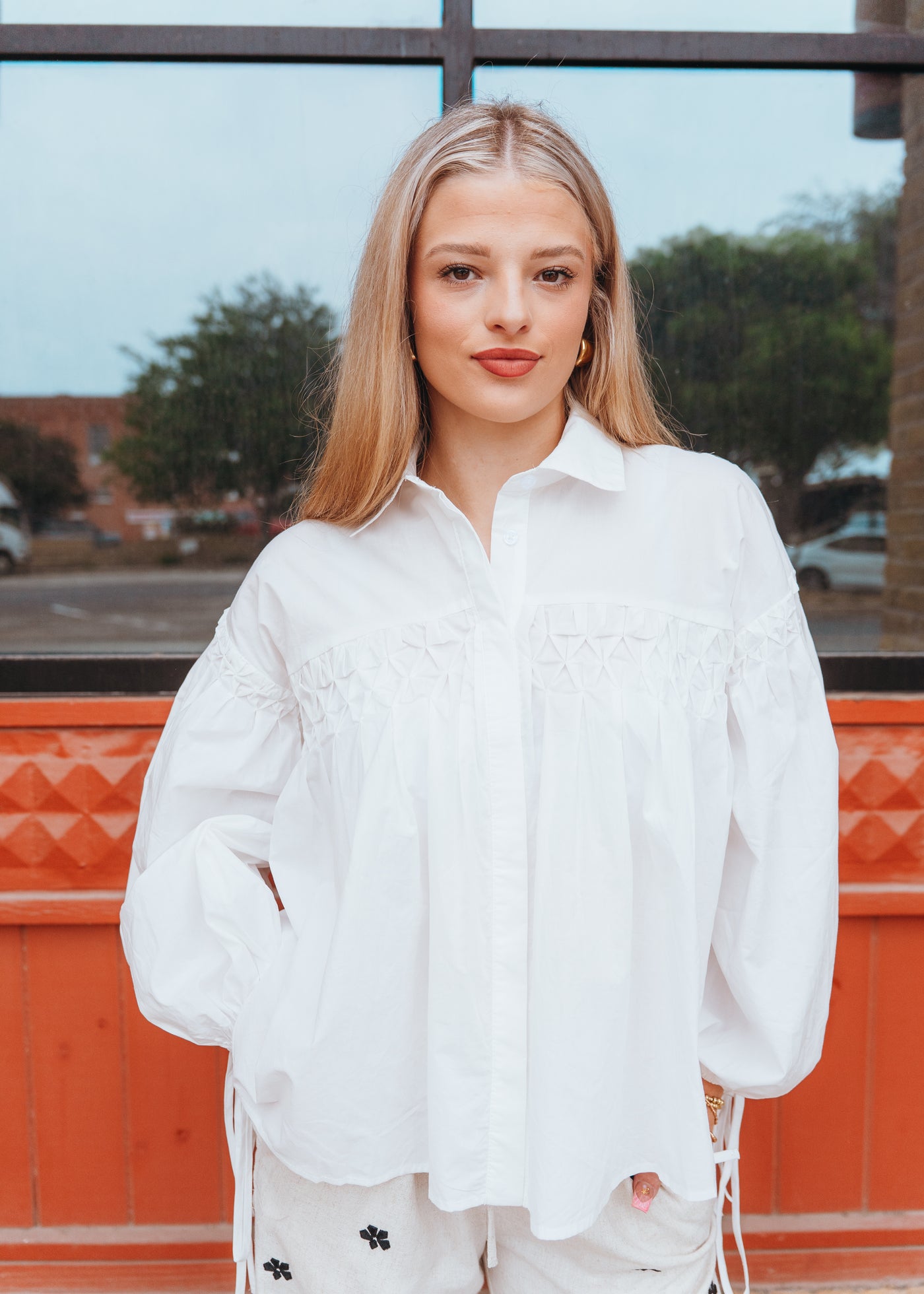Ivory Button Long Sleeve Blouse with Ties T4257
