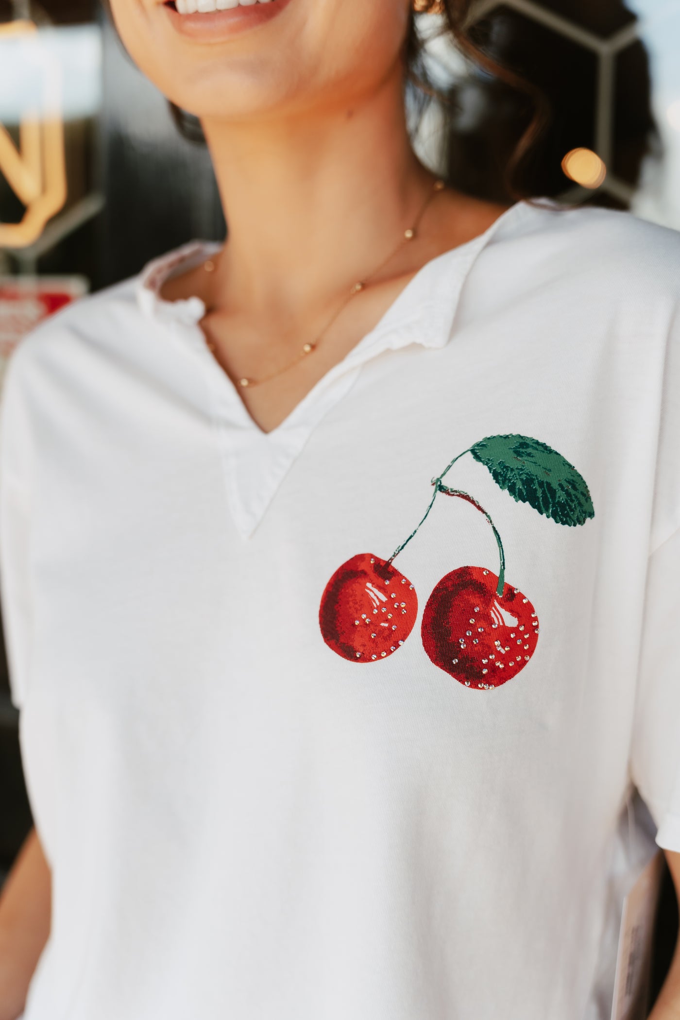 White Cherries Split Neck Tee 10025-ER79