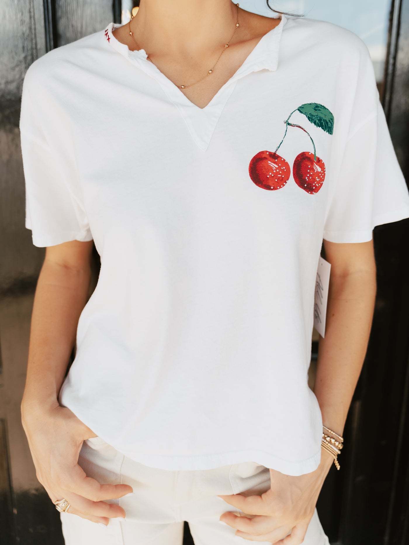 White Cherries Split Neck Tee 10025-ER79