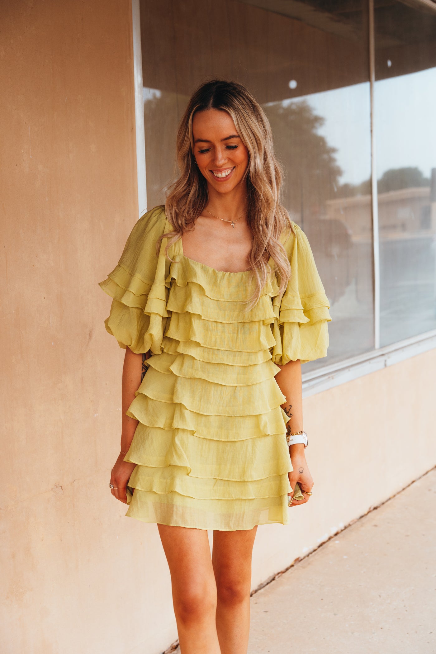 Muted Lime Tiered Ruffle Mini Dress D-10066-H-7