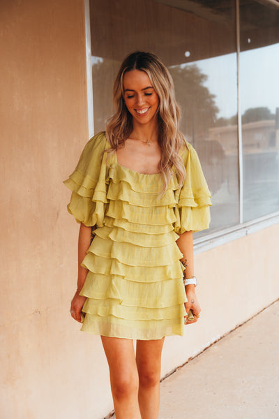 Muted Lime Tiered Ruffle Mini Dress D-10066-H-7