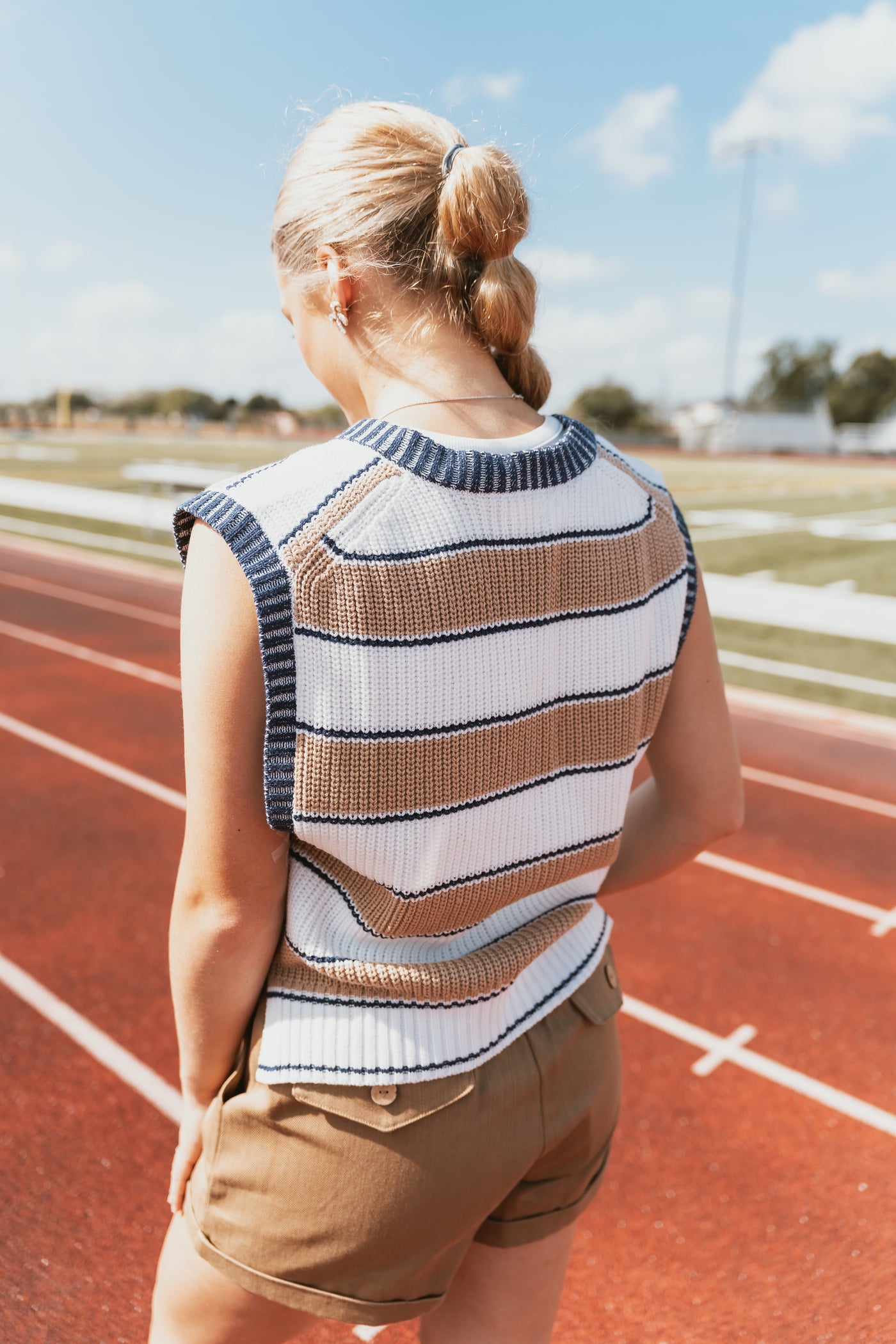 Deep V Sweater Vest - Camel Stripe