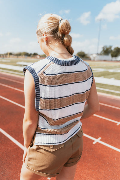 Deep V Sweater Vest - Camel Stripe