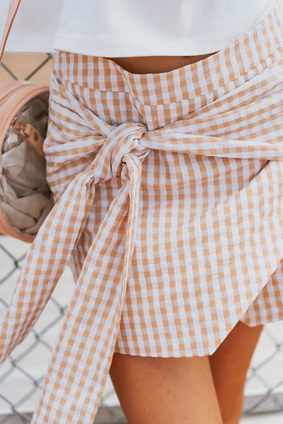 Taupe Gingham Skirt with Shorts CS3816