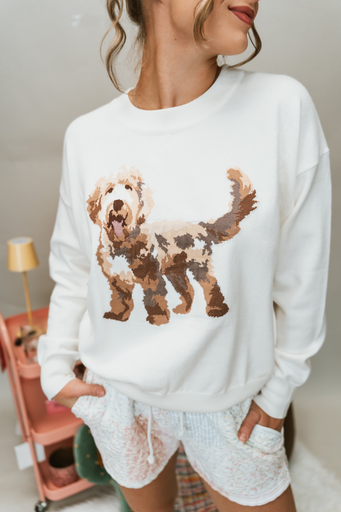 Long Sleeve Crew Neck Puppy Graphic Sweater