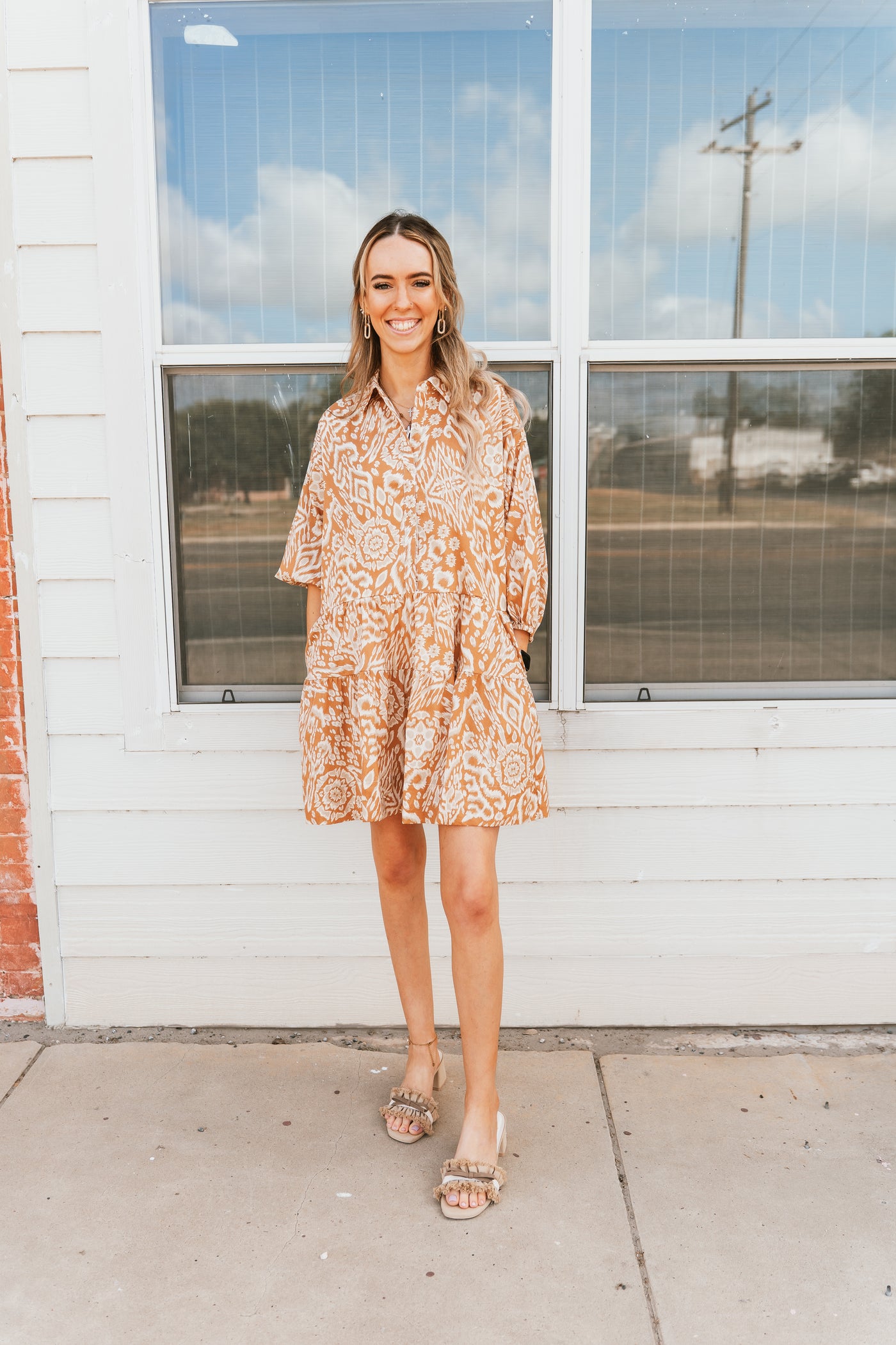 3/4 Sleeve Collared Dress - Camel Acorn Print