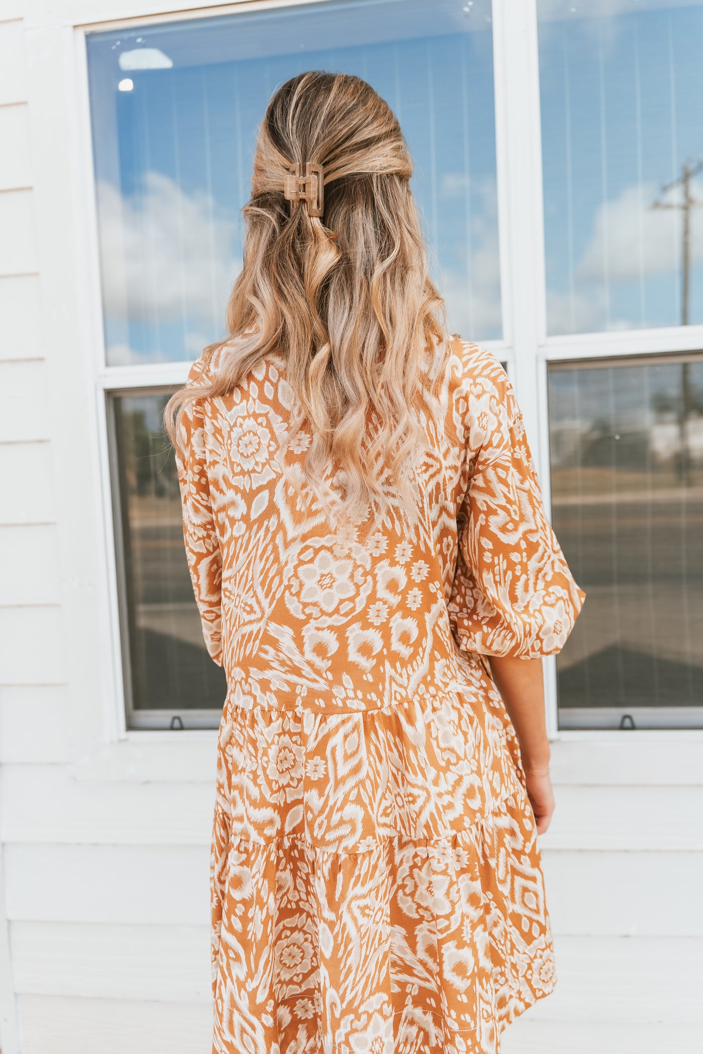 3/4 Sleeve Collared Dress - Camel Acorn Print