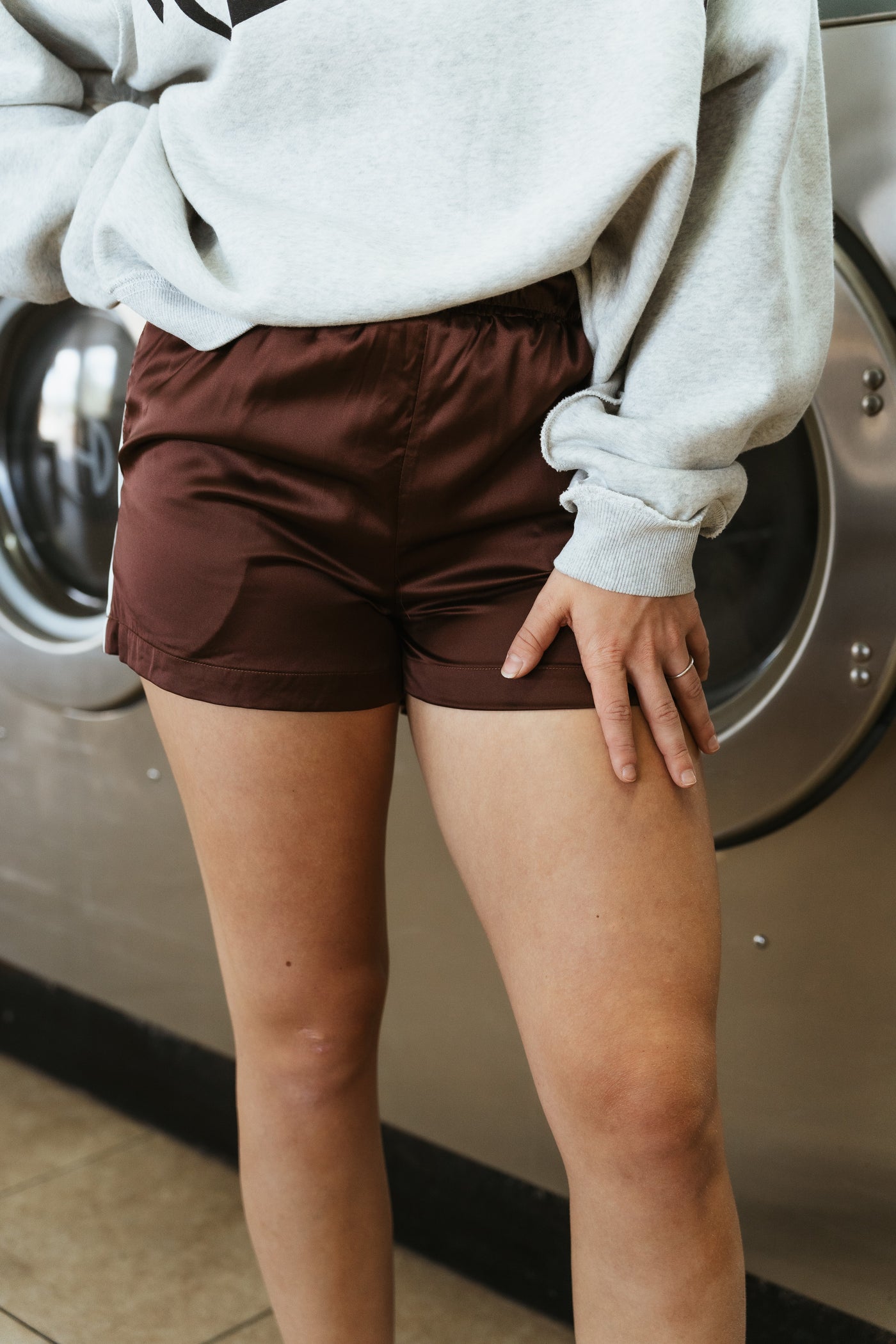 Brown High Waisted Contrast Piping Boxy Shorts