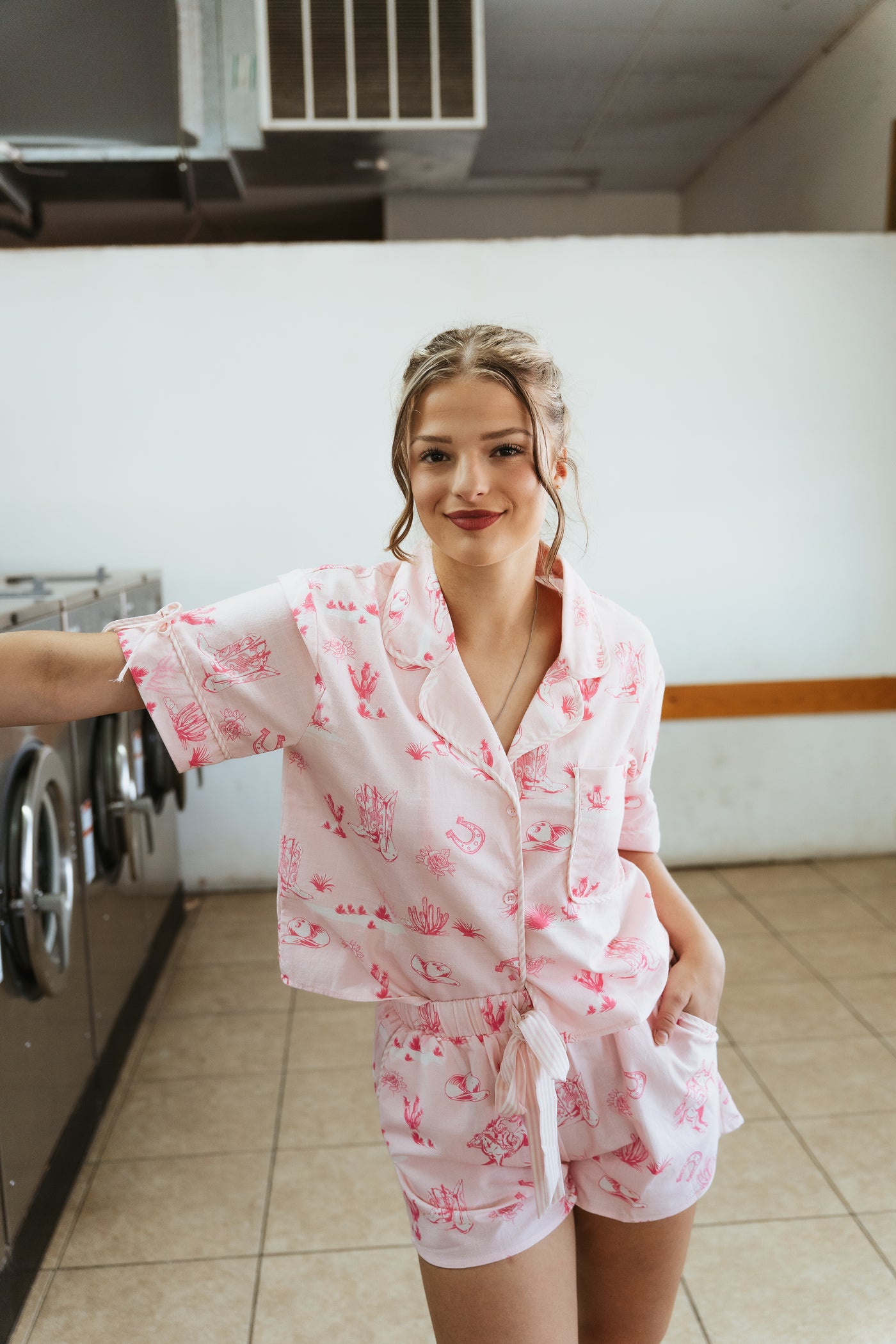 Light Pink Printed Cotton Linen Short Sleeve Pajama Set ITP39710-05