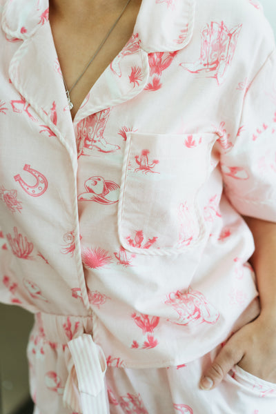 Light Pink Printed Cotton Linen Short Sleeve Pajama Set ITP39710-05