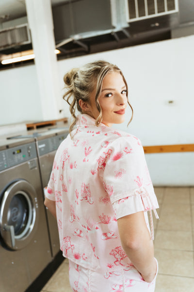 Light Pink Printed Cotton Linen Short Sleeve Pajama Set ITP39710-05