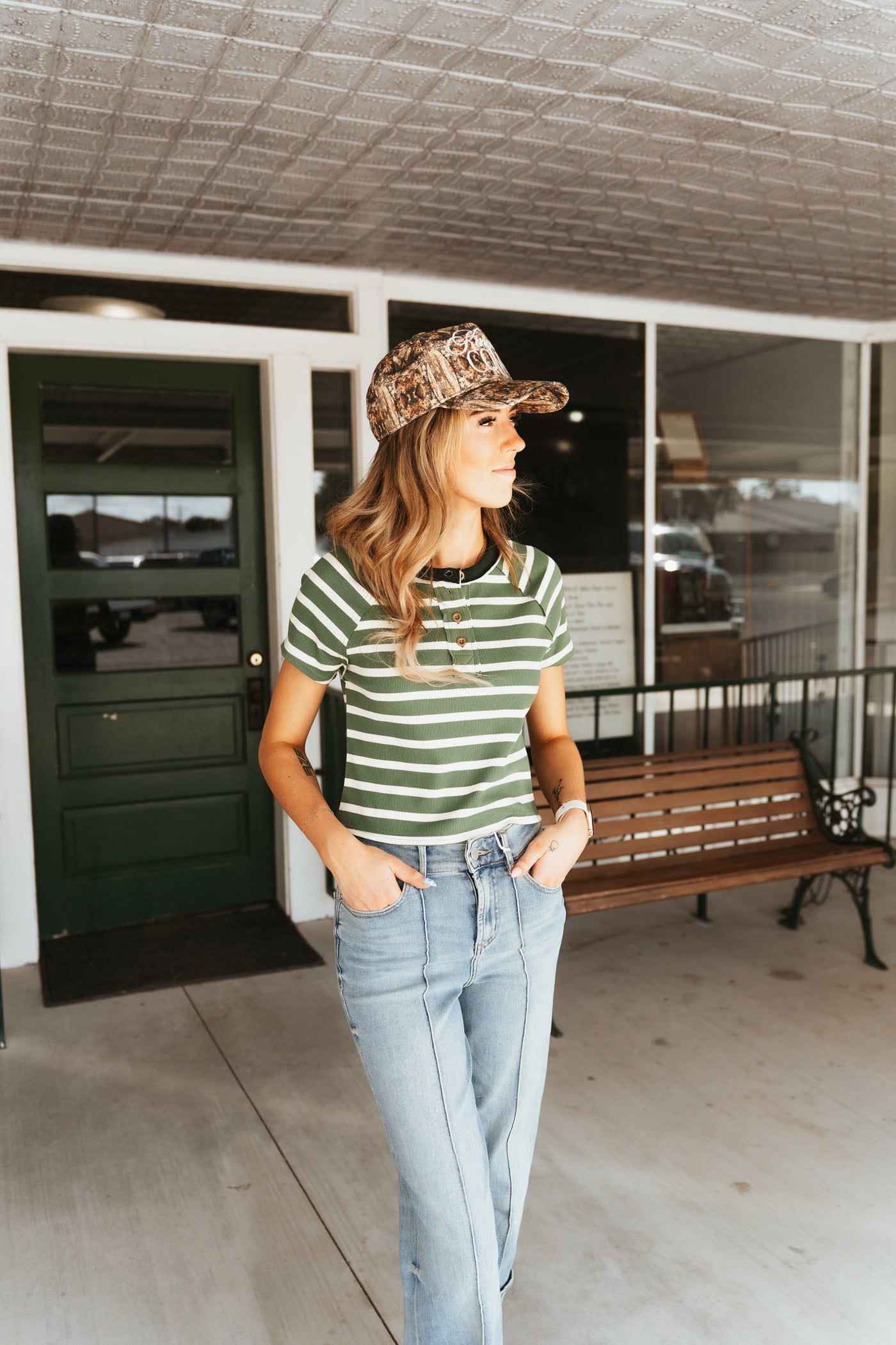 Green/Cream Stripe Short Sleeve Top