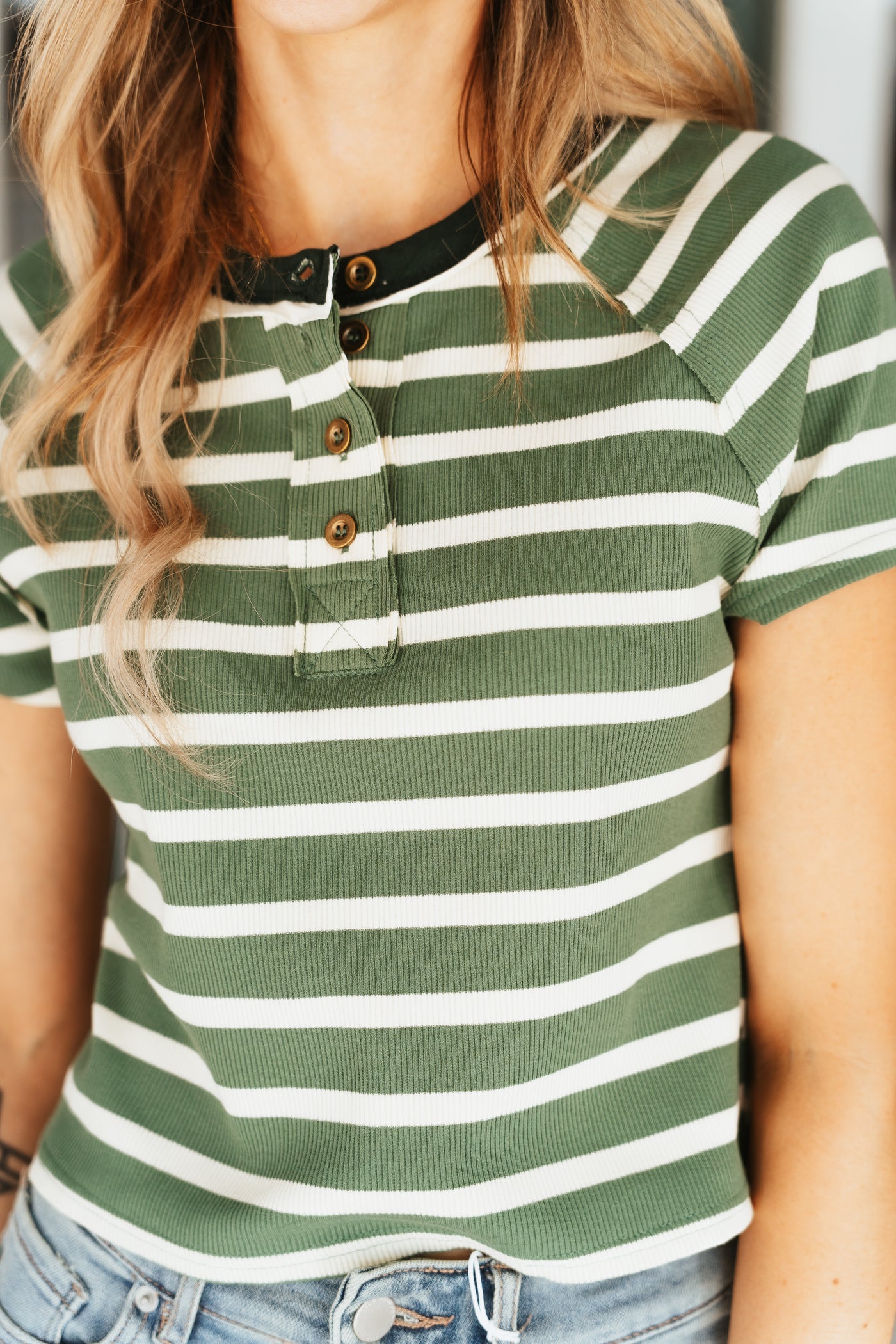 Green/Cream Stripe Short Sleeve Top