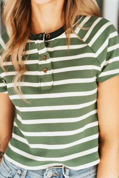 Green/Cream Stripe Short Sleeve Top