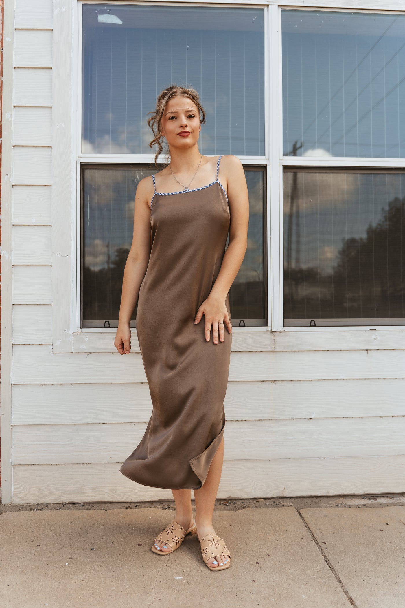 Mocha Satin Maxi Dress TBD13606