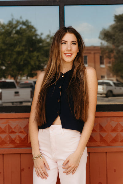 Dark Cobalt Knit Vest with Metal Buttons T4771