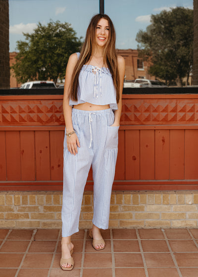 Seersucker Gingham Print Drawstring Pants P5471-1C
