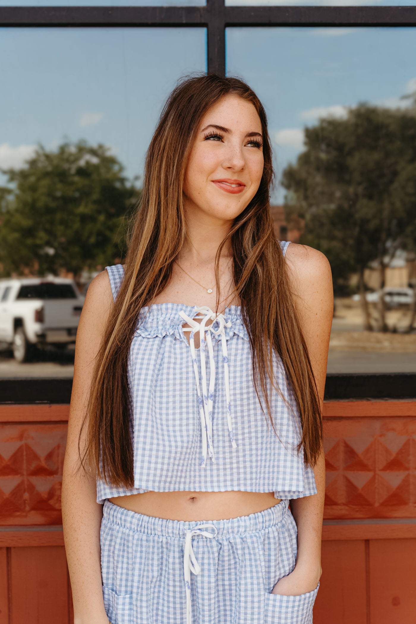 Self Tie Front Seersucker Striped Tank Top T2317C