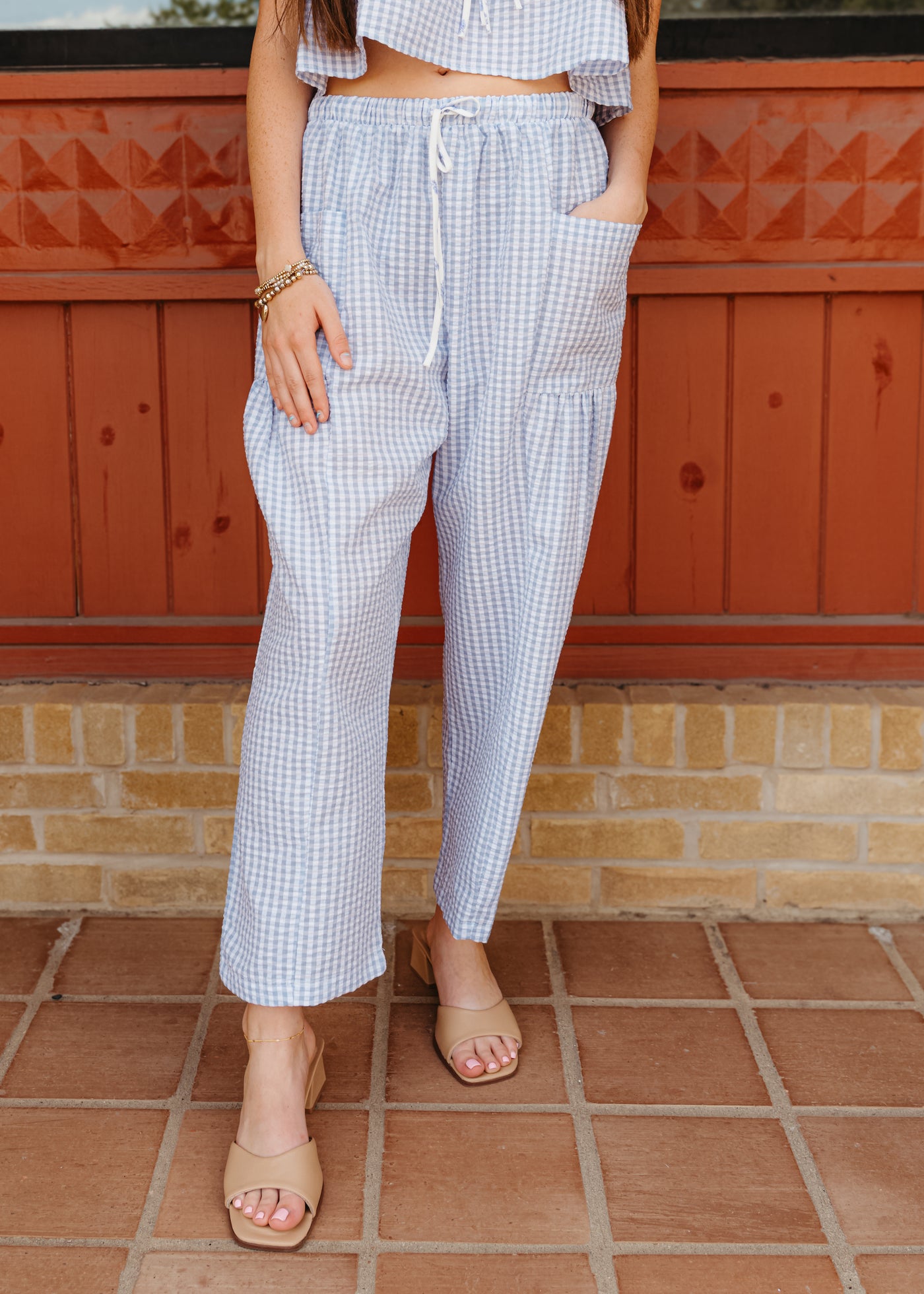 Seersucker Gingham Print Drawstring Pants P5471-1C