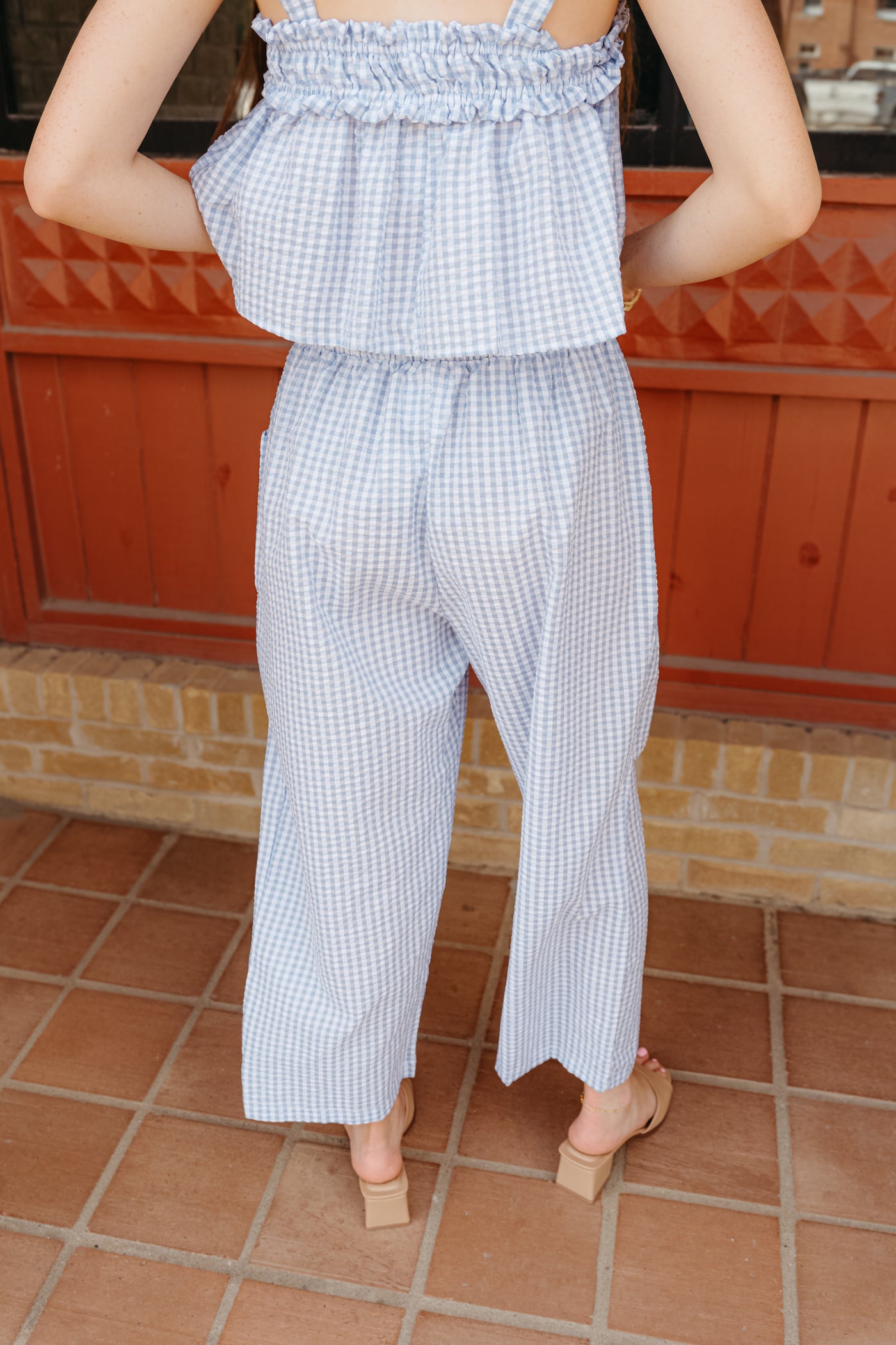 Seersucker Gingham Print Drawstring Pants P5471-1C