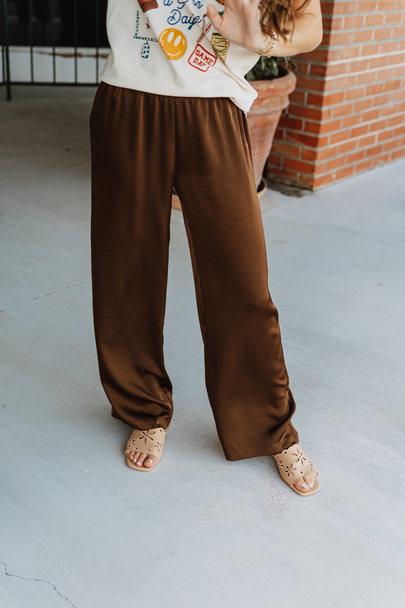 Brown Crushed Satin Wide Leg Pants PMR0405