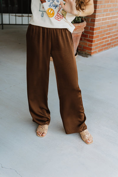 Brown Crushed Satin Wide Leg Pants PMR0405