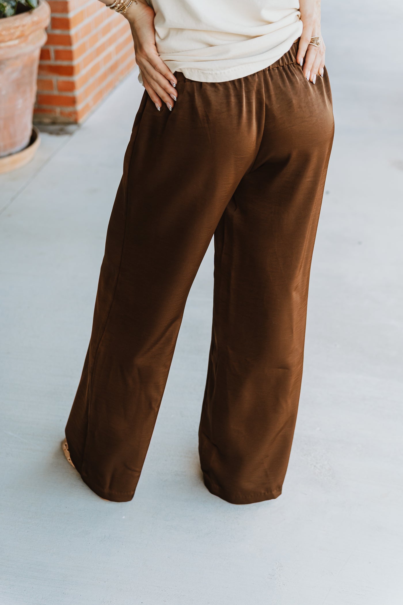 Brown Crushed Satin Wide Leg Pants PMR0405