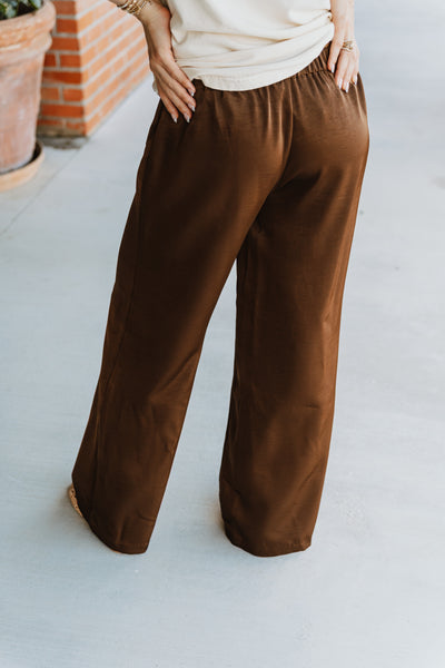 Brown Crushed Satin Wide Leg Pants PMR0405