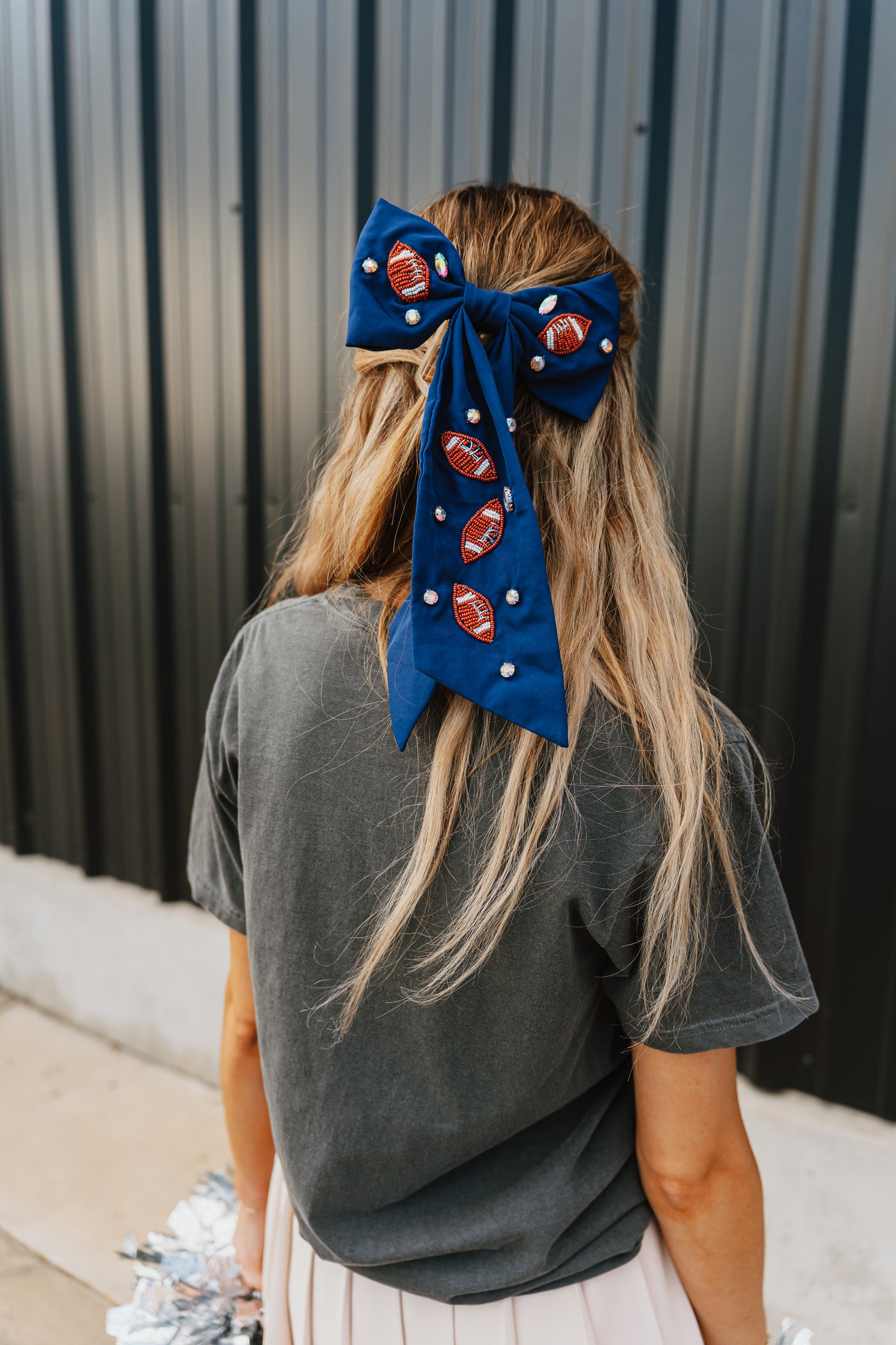 Beaded Football Embroidered Hair Clip - Navy