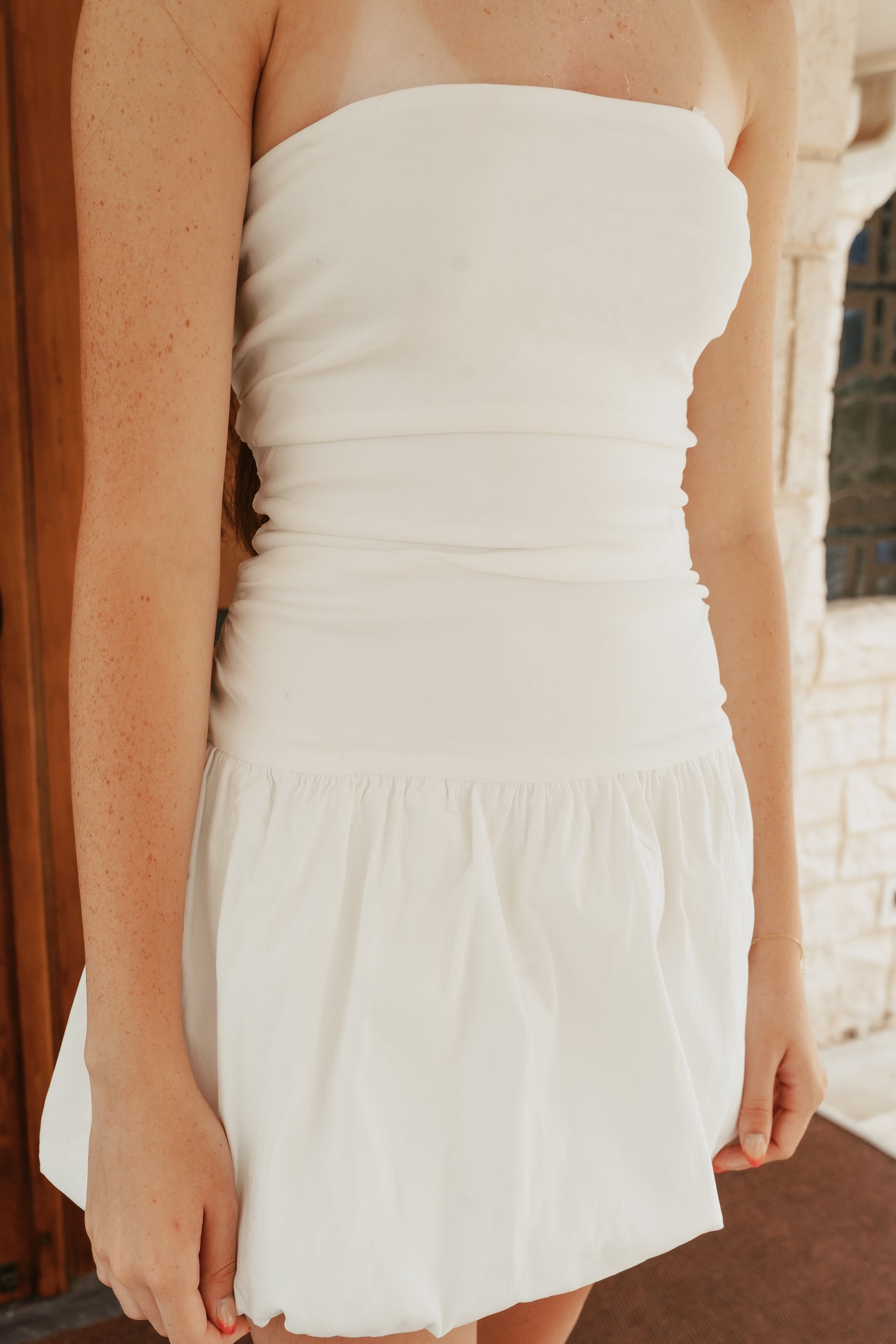 Off White Strapless Balloon Mini Dress ID8823