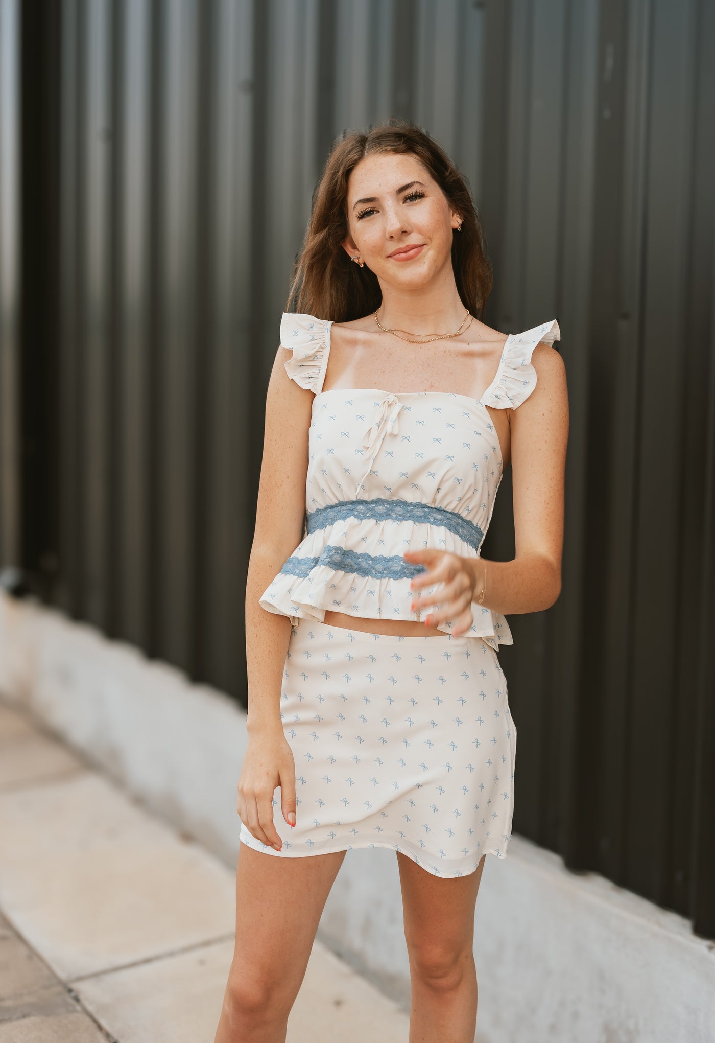 Cream Bow Print Tiered Top with Mini Skirt ITS5639