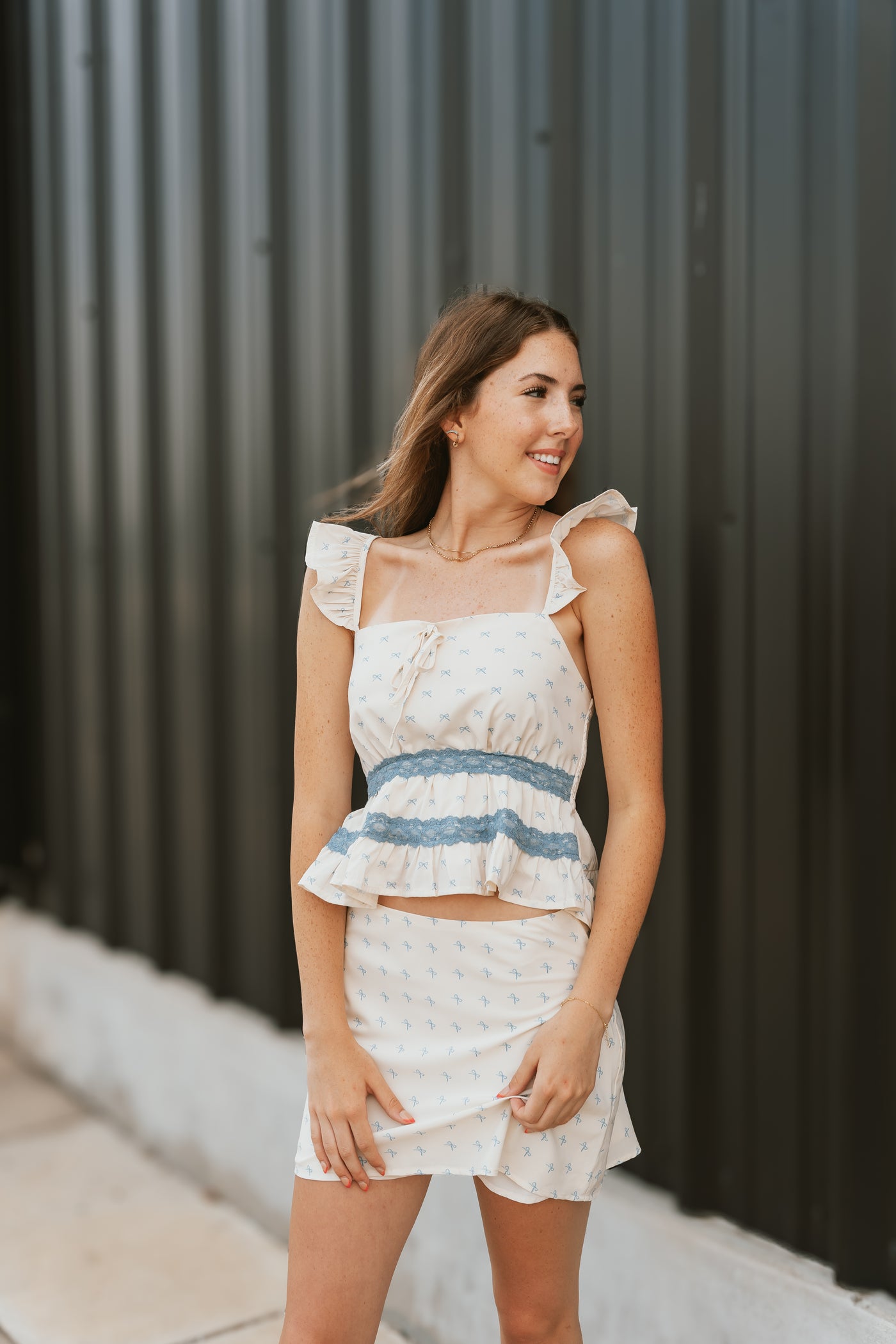 Cream Bow Print Tiered Top with Mini Skirt ITS5639