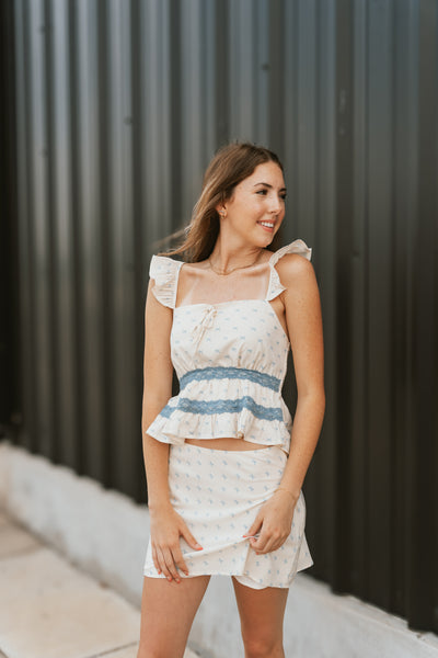 Cream Bow Print Tiered Top with Mini Skirt ITS5639