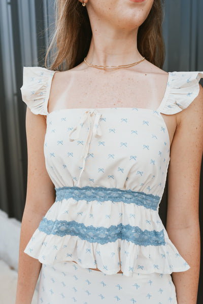 Cream Bow Print Tiered Top with Mini Skirt ITS5639
