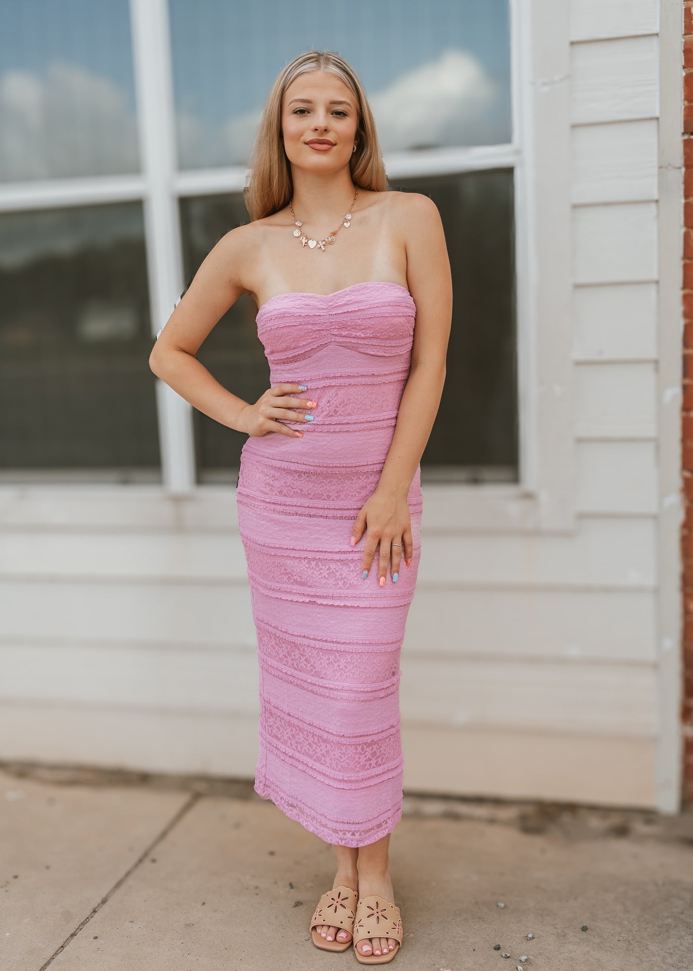 Pink Lace Strapless Midi Dress SD2995