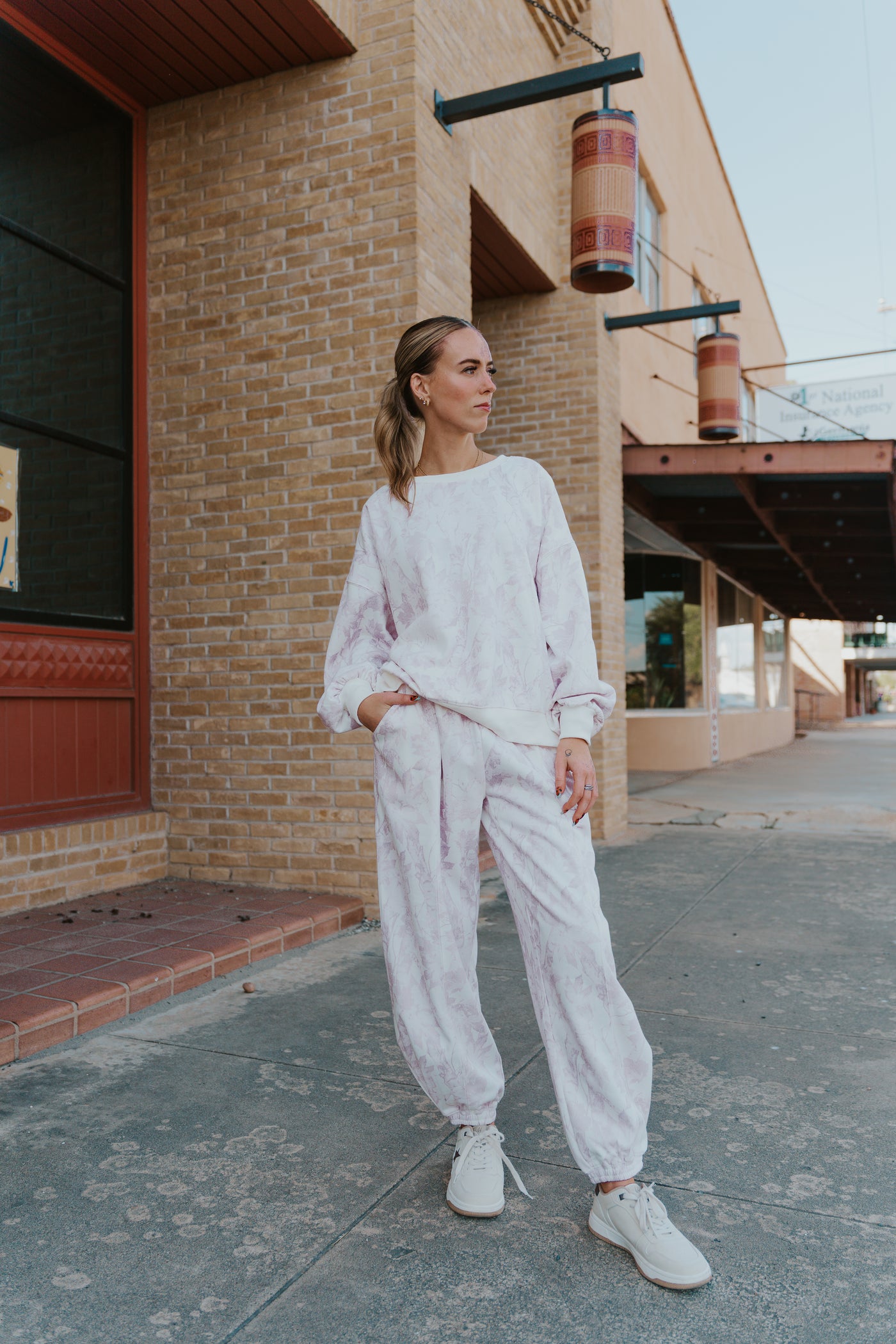 Pale Pink Leaf Printed Fleece Sweatpants