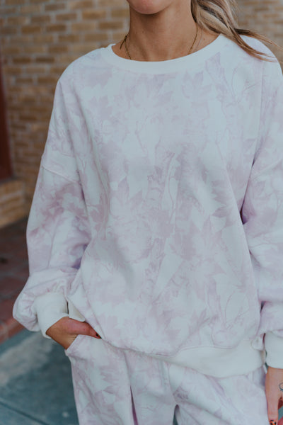 Pale Pink Leaf Printed Fleece Sweatshirt