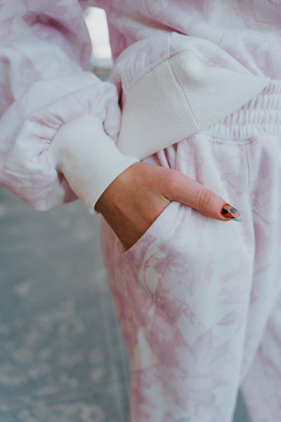 Pale Pink Leaf Printed Fleece Sweatpants