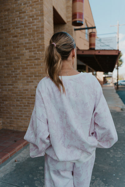 Pale Pink Leaf Printed Fleece Sweatshirt