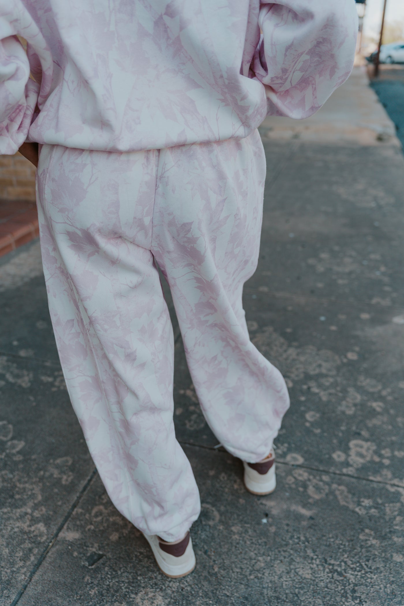 Pale Pink Leaf Printed Fleece Sweatpants